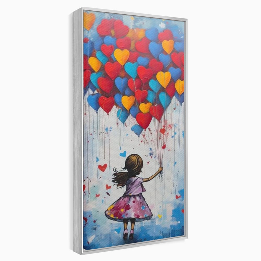 Tablou canvas cu tablou canvas cu fetita si baloane in forma de inima, in rama de aluminiu argintiu
